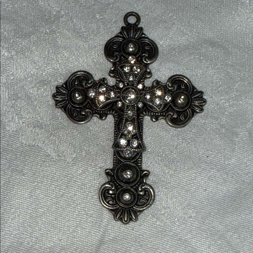 Ornate Silver Cross Pendant, vintage-style pendant with a silver-tones and gems